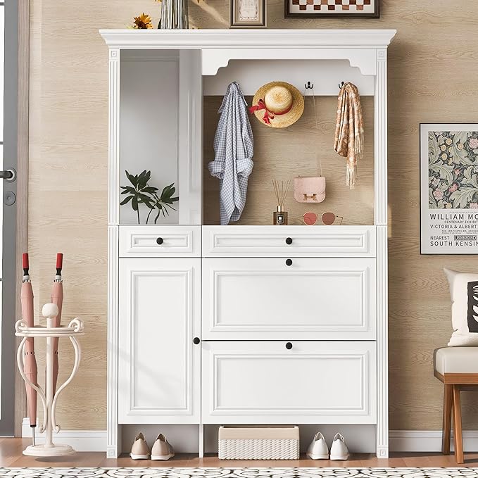 54.7'' Hall Tree with Integrated Shoe Cabinet and Mirrored Cabinet Door, Coat Hanger, Entryway Bench, 4 Hooks and 2 Cabinets, 4-in-1 Design Hall Tree with 2 Flip Drawers for Entrance, Living Room