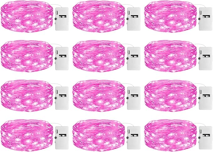12 Pack Fairy Lights with Timer Battery Operated, 3 Modes 7ft Mini Twinkle Lights Waterproof, 20 LED Bulk String Light for Mason Jars Christmas Decoration Wedding Table Centerpieces,Pink