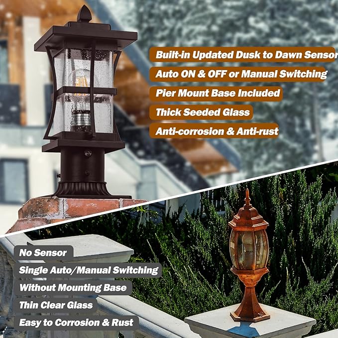 Dusk to Dawn Bronze Outdoor Post Light Fixtures with Pier Mount Base, 2 Packs Outdoor Pole Lighting, Waterproof Pillar Lantern, Farmhouse Outside Column with Seeded Glass for Pathway, Garden, Patio