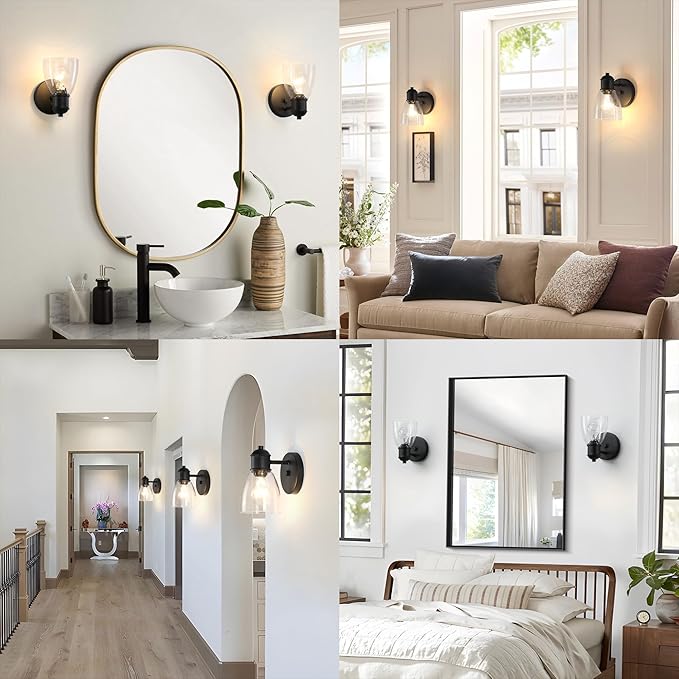Black Wall Sconce Set ot Two, Hardwired Wall Lights for Bedroom, Modern Indoor Wall Light Fixtures with Seeded Glass for Bathroom Beside Mirror Living Room Hallway Kitchen