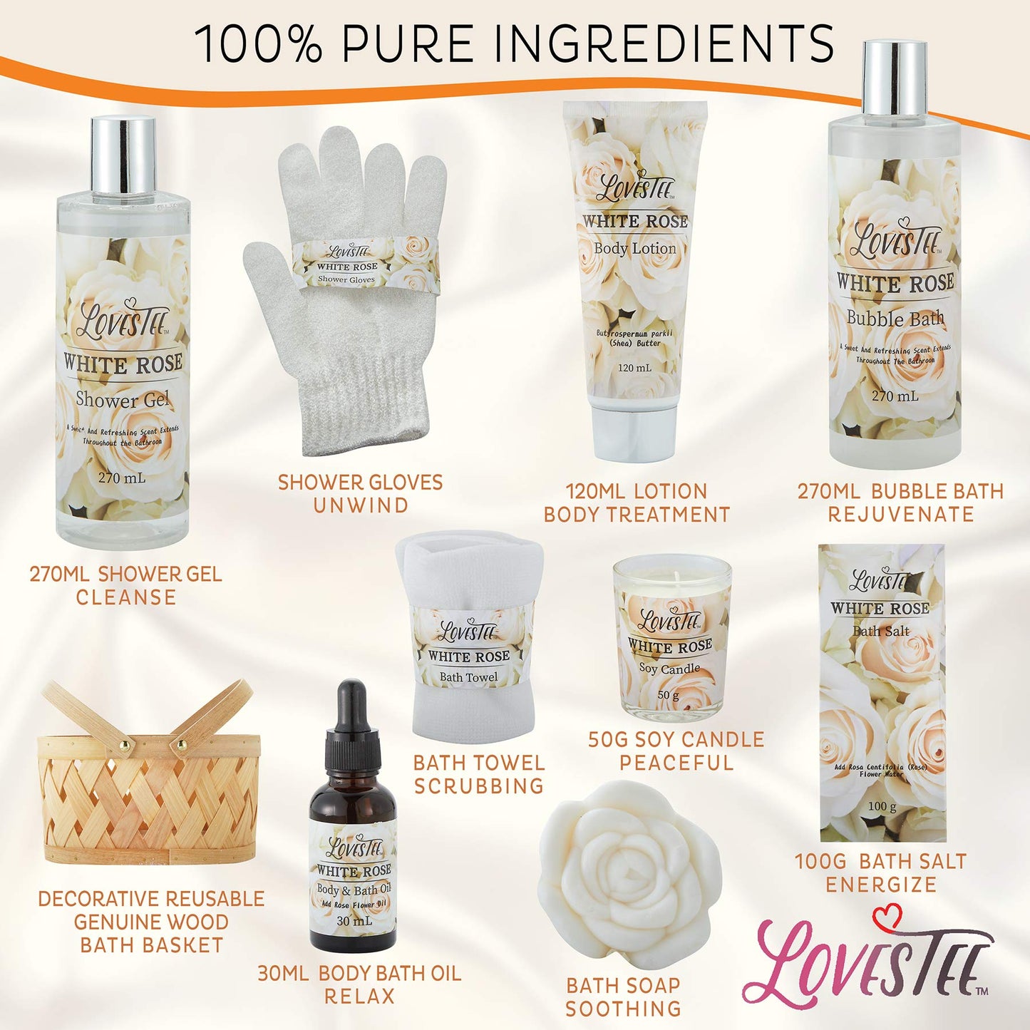 Mothers Day Gifts Bath & Body Spa Gift Basket for Women, Best Gift for Mother's Day & Birthday, White Rose Set Body Lotion, Shower Gel, Bubble Bath, Bath Salt, Towel, Soap, Oil, Candle, Gloves,