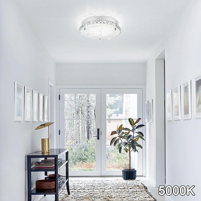 Flush Mount Ceiling Light LED Crystal Ceiling Light Fixture Modern 13 Inch Kitchen Lighting Fixtures Ceiling for Bedroom, Hallway, Porch, Dimmable and 3 Color Change