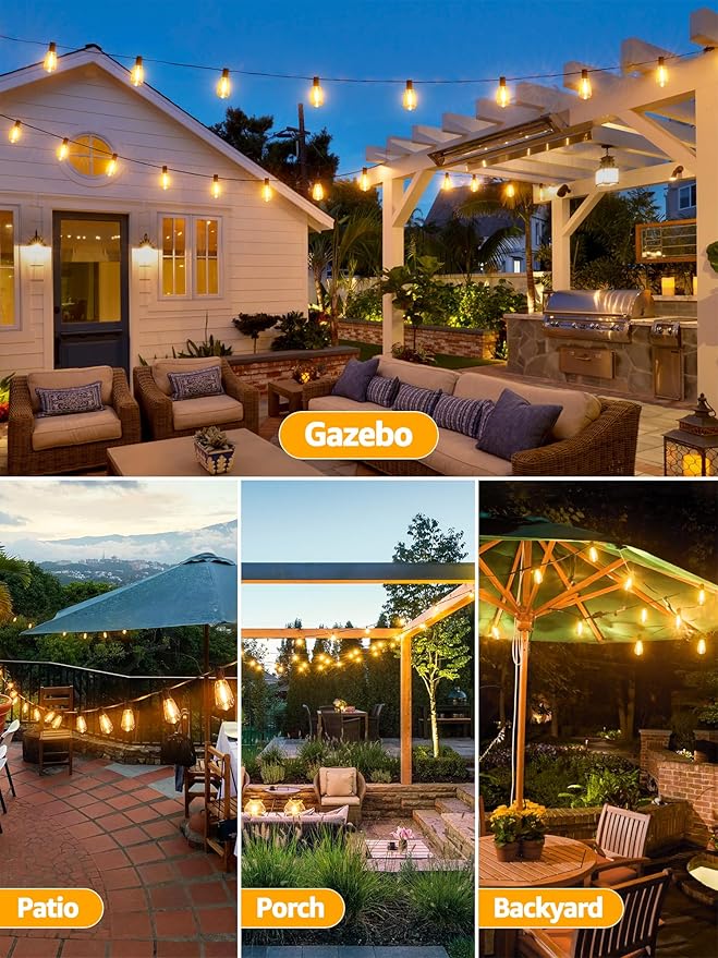 Outdoor String Lights Dimmable with Remote, 50 FT Outdoor Lights with 2 Timer and 3 Modes, Waterproof & Shatterproof Patio Lights, 2200K Energy Saving String Lights 2 Spare Bulbs for Patio Yard
