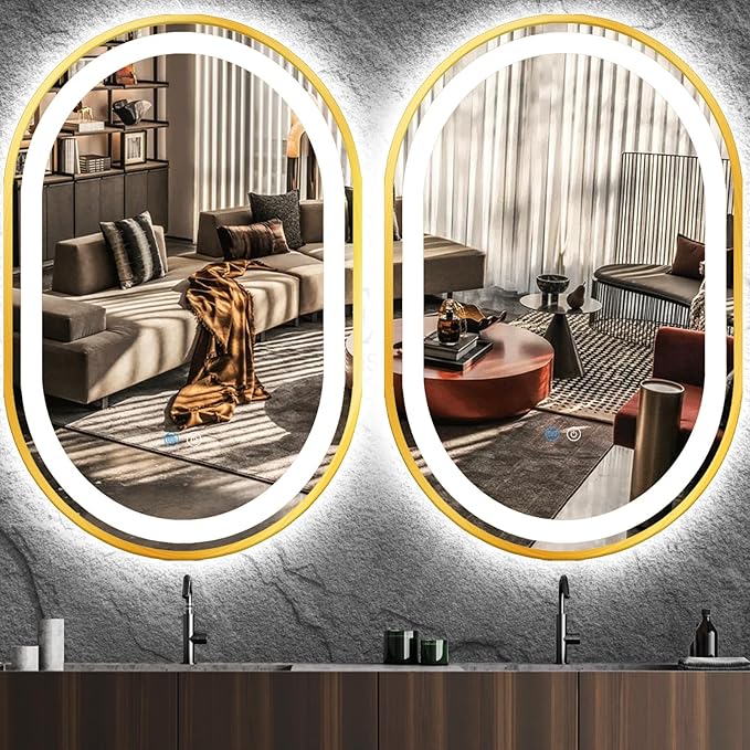 24 x 36 Inch Gold Oval LED Vanity Mirror with Lights Smart Memory 3 Color Dimmable Anti-Fog 36" Gold Framed Oval Lighted Mirror for Bathroom Salon Wall LED Ovals Mirror with Lights Frame