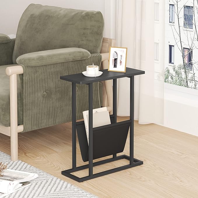 Yusong Small Narrow Side Table for Small Spaces, 17.7" W Slim End Table Nightstand with Storage Holder, Accent Skinny Snack Couch Bedside Table, Black Oak, Complete Iron Pipes