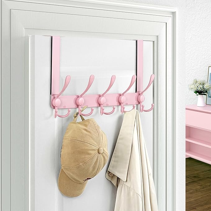 Dseap Over The Door Hook Hanger - Fits 1 3/8" to 1 3/4" Standard Doors | 5 Tri Hooks Heavy Duty Towel/Coat Rack | Door Organizer for Clothes, Jackets, Hats, Towels, Pink, Pack of 2