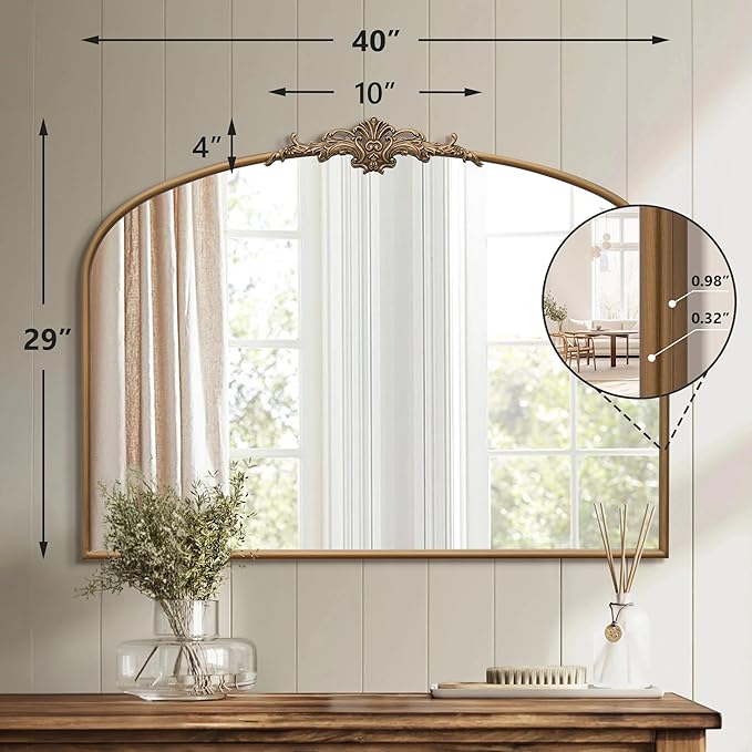 Besdomus Vintage Arched Gold Mirror: 40"x29" Large Matt Gold Antique Wall Mounted Mirror - Baroque Traditional Ornate for Entryway/Fireplace/Bathroom/Hallway - Home Decor for Fashion-Conscious
