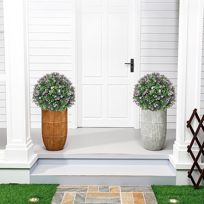 Yunlly Set of 2 Artificial Boxwood Topiary Ball Tree Fake Bushes Shrubs Outdoor Faux Plant with Ground Spike Flowers UV Resistance Greenery for Front Porch Garden Patio Indoor(Light Purple,27x18inch)