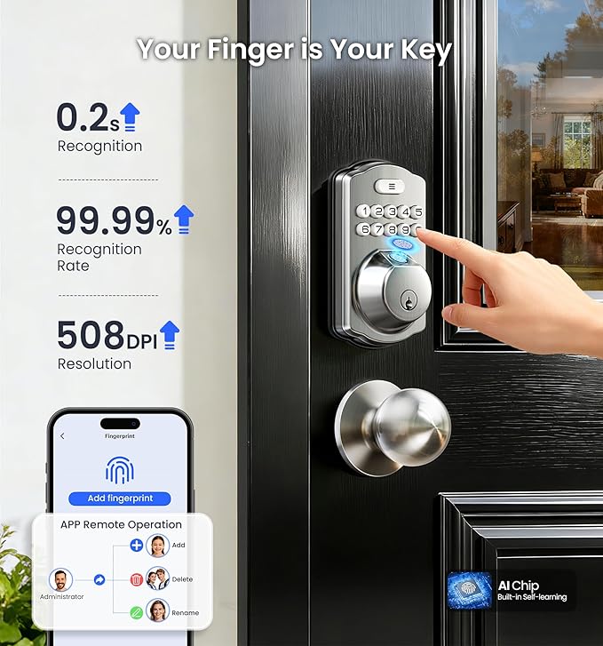 Veise VE012W-K Built-in WiFi Fingerprint Smart Lock with 2 Knobs, No Hub Needed, Remote APP Control, Keyless Entry Door Lock, Smart Deadbolt for Front Door, Auto Locking, Satin Nickel