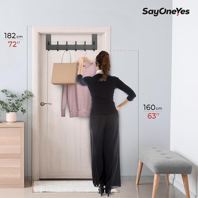Matte Black Over The Door Hooks โ Heavy Duty Stainless Steel Door Hanger with 6 Double Hooks for Hanging Towels, Coats, Robes, Hats, Bags โ No Drill Over Door Towel Rack for Bathroom & Bedroom