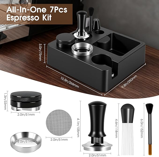 Reoszeank 51mm Espresso Accessories Kit, Espresso Knock Box and Tamping Station, Coffee Tamper, Distributor, WDT Distribution Tool, Dosing Funnel and Puck Screen Set Fits Delonghi 51 mm Portafilter