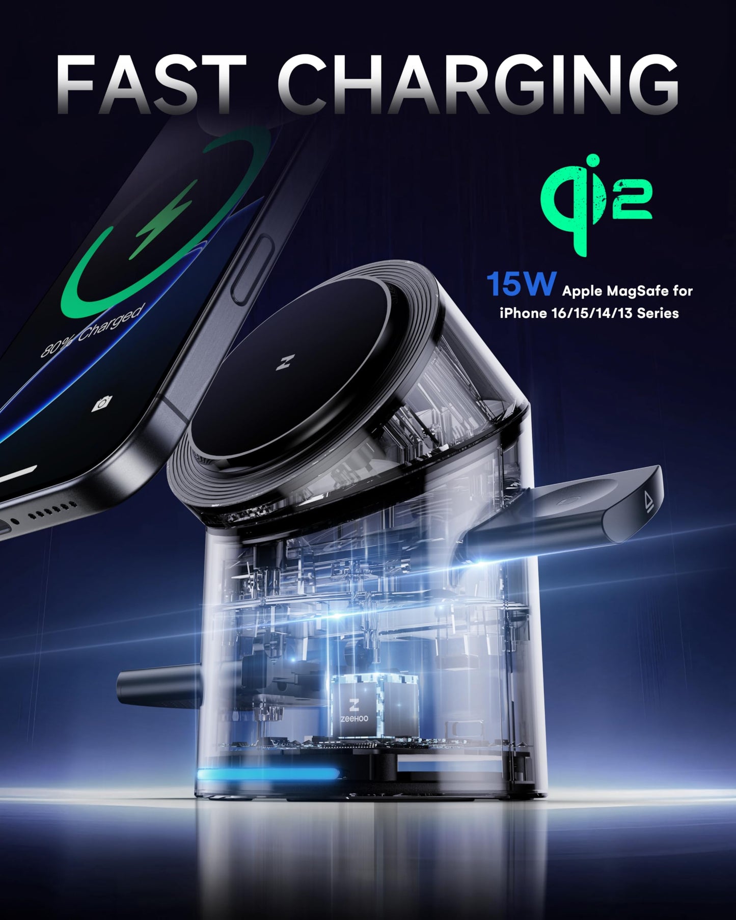 ZEEHOO 3 in 1 Charging Station for Apple Devices, Mag-Safe Charger Stand, Qi2 15W Auto-Rotating Wireless Charging Station for iPhone 16/15/14/13/12 Series& AirPods& iWatch(Black)