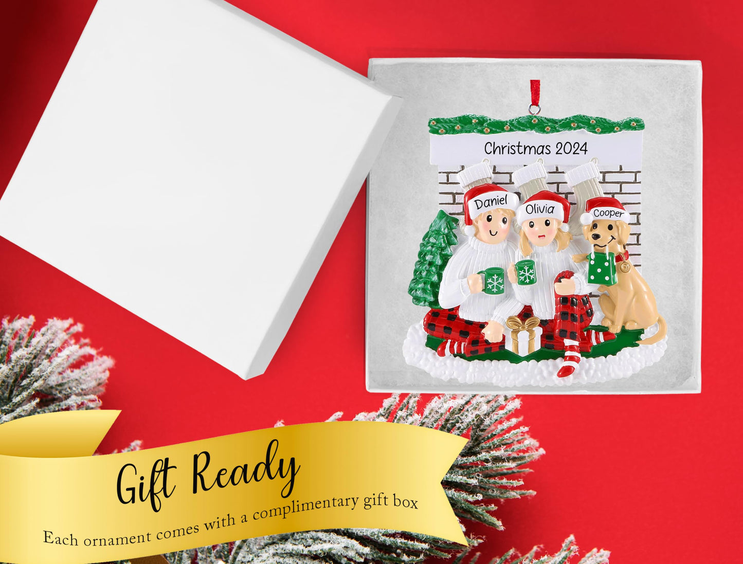 UniqXmas Personalized Couple with Dog Christmas Ornament 2025 | Customized Fireplace Family of 2 with Puppy Ornament for Xmas Tree | Our First Christmas with Dog, New Dog Keepsake – Custom Name & Year
