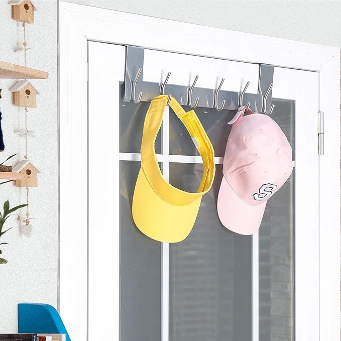 WEBI Over The Door Hook Door Hanger:Over The Door Towel Rack with 6 Coat Hooks for Hanging,Towel Hanger Door Coat Hanger Over Door Coat Rack for Towels,Clothes,Back of Bathroom,Silver,2 Packs
