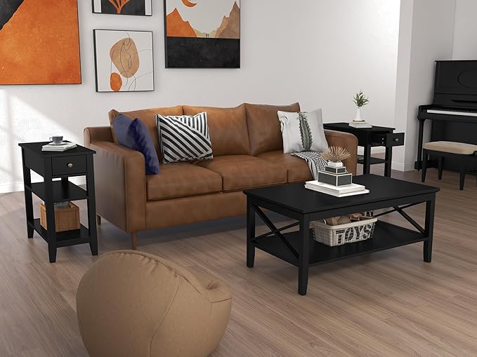 ChooChoo Side Table Living Room Set of 2, Narrow End Table with Drawer and Shelf, 3-Tier Sofa End Table for Small Space