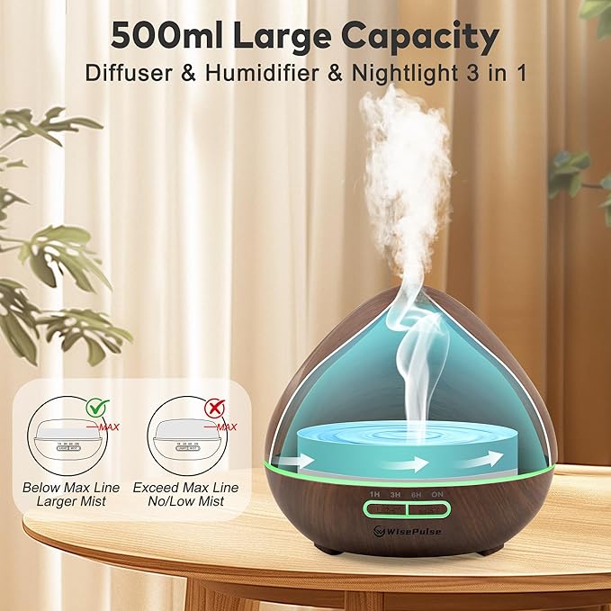 Essential Oil Diffuser for Home: 500ml Oil Diffuser 7 Colors Light Aroma Diffuser with Remote Control for Home, Office, Bedroom, Child’s Room Brown