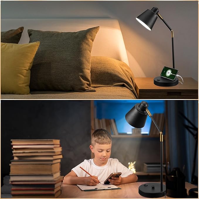 LED Desk Lamp with Dual USB Charging Ports, 100% Metal, 270° Swivel Arms, Soft White Light (3000K), Bedside Reading Lamp, Home Office Lamp (Black)
