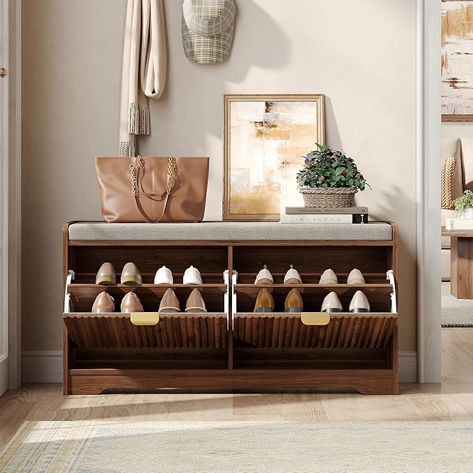 Maupvit 39.4" Fluted Shoe Bench with Storage, Narrow Entryway Bench with Removable Seat Cushion & 2 Flip-Drawers, Shoe Cabinet Bench, Boho Hidden Shoe Rack for Entrance, Hallway, Living Room (Walnut)