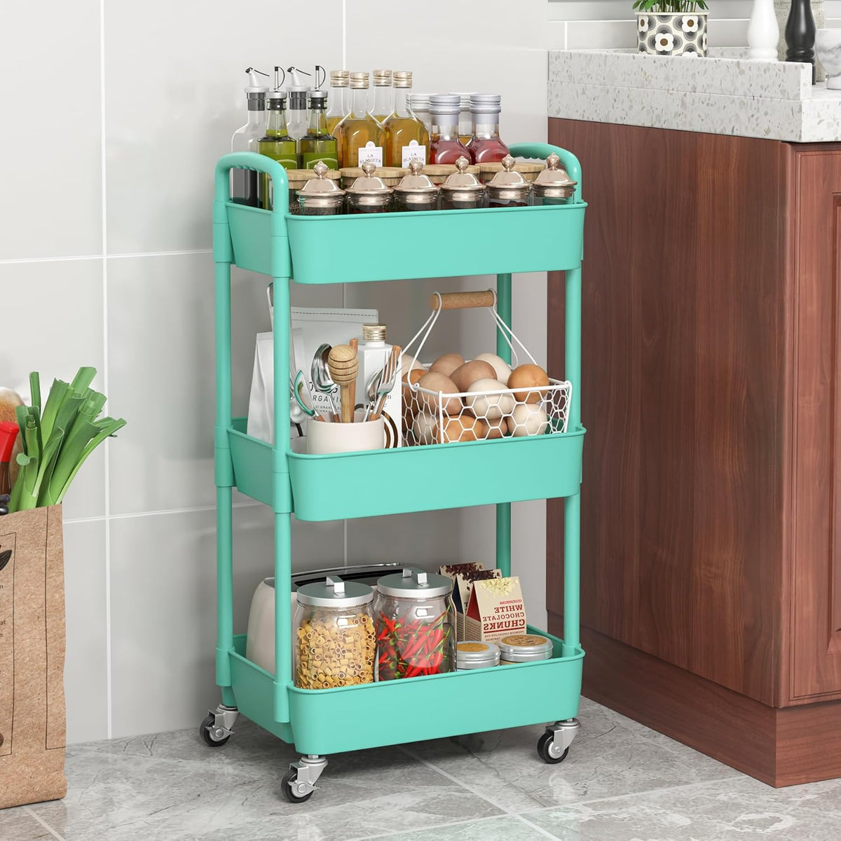 Sywhitta 3-Tier Plastic Rolling Utility Cart with Handle, Multi-Functional Storage Trolley for Office, Living Room, Kitchen, Movable Storage Organizer with Wheels, Green