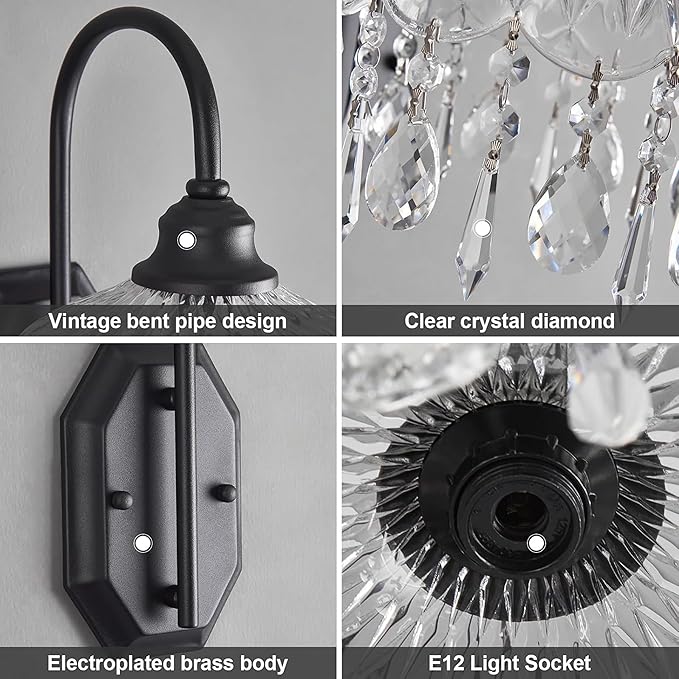 2-Pack Vintage Glass Crystal Wall Sconce, Matte Brushed Antique Black Finish, for Bedroom Bathroom Hallway Living Room