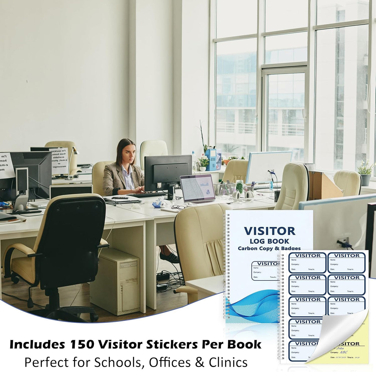 3 Pack of 450 Visitor Log Book Visitor Badges Registry Log with Carbon Copy Visitor Stickers Letter Size Extras Protecting Privacy Pages Spiral Bound Self Visitor Badges Guest Register Book (3)