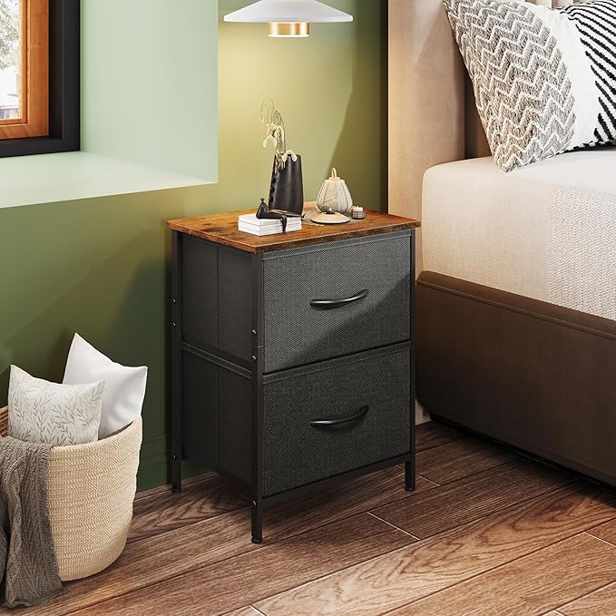 WLIVE Nightstand, 2 Drawer Dresser for Bedroom, Small Dresser with 2 Drawers, Bedside Furniture, Night Stand, End Table with Fabric Bins for Bedroom, Closet, Entryway, Black and Rustic Brown