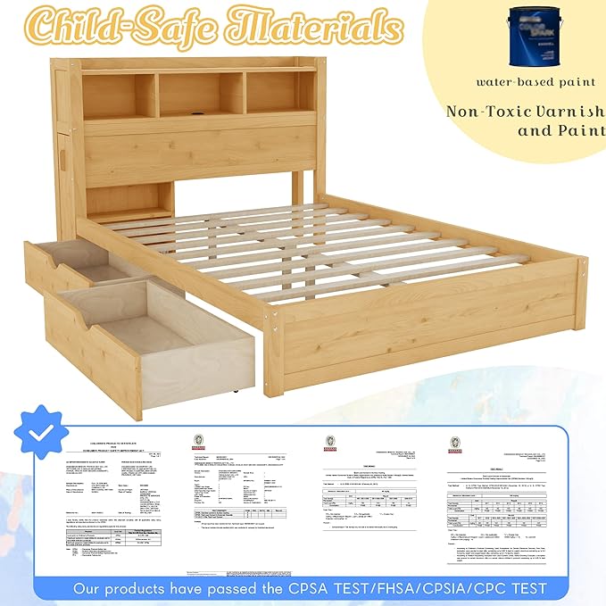 Kids Full Bed Frame with Drawers & Storage Headboard, Solid Wood Platform Bed with Pull-Out Cabinet, Built-in LED Light & Charging Station, No Box Spring Needed, Natural