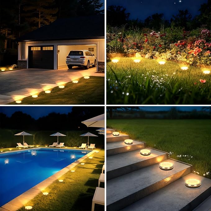 ZAIYW 12 Pack Solar Ground Lights Outdoor Waterproof Pathway Lights Solar Powered Disc Landscape Lighting for Garden Lawn Yard Walkway Deck Decoration (Warm White)