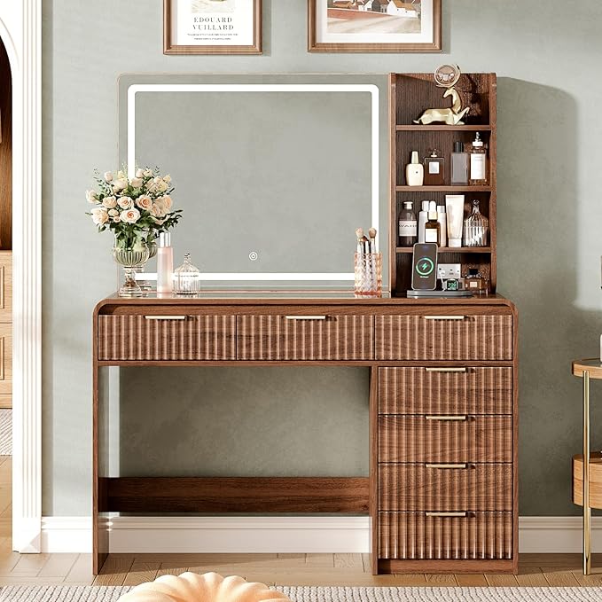 47“Makeup Vanity Desk with Mirror and Lights, Vanity Desk with 7 Drawers & Storage Shelves, Vanity Table with Power Outlet, 3 Color Modes & Adjustable Brightness Dressing Table, Bedroom,Brown