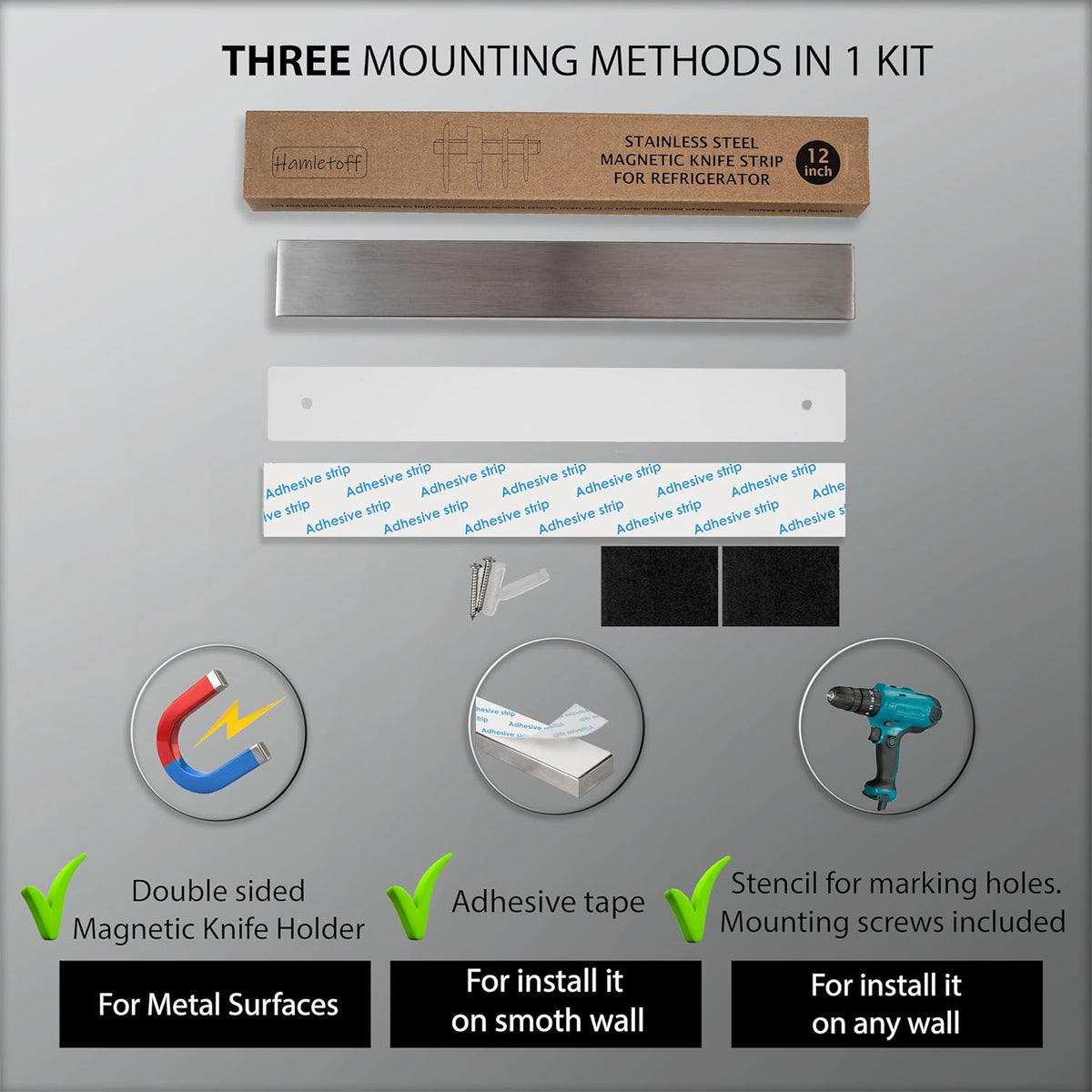 Magnetic Knife Holder for Refrigerator – 12 Inch Professional Double Sided Magnetic Knife Strip for Fridge - Stainless Steel Magnetic Knife Holder for Wall Self Adhesive
