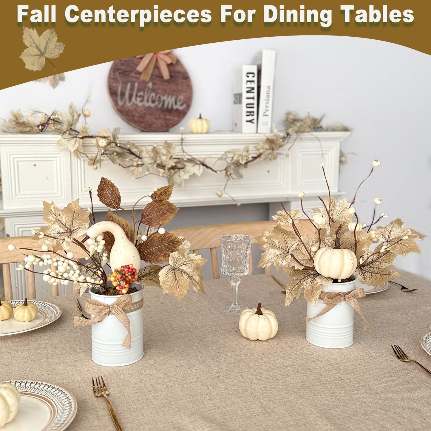 2 Pack 12" Thanksgiving Decorations Thanksgiving Centerpieces for Dinner Table Potted White Maple Arrangement in Metal Pot White Pumpkin Berried Autumn Thanksgiving Table Decor for Home Kitchen Office"