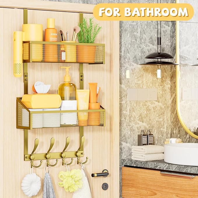 Over The Door Hooks Organizer, Coat Rack Over The Door Storage Hanger Towel Rack, Back of Door Storage Organizer for Bathroom,Bedroom,Kitchen,Office (Gold, 3-Tier)