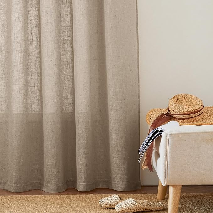 RYB HOME Light Filtering Linen Sheer Curtains, UV Privacy Protected Linen Blend Stain Resistant Burlap Panels for Farmhouse/Living Room/Dining Room, Khaki, Length 84 by Width 52 inch, 2 Panels