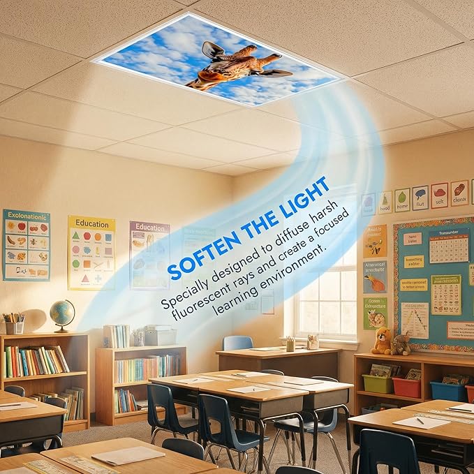 4 Pack Fluorescent Light Covers for Ceiling Lights -Magnetic Cloud Cover for Fluorescent Or LED Fixture 2ft x 4ft Classroom,Home,Office Decoration Filters Overhead Lighting- Giraffe