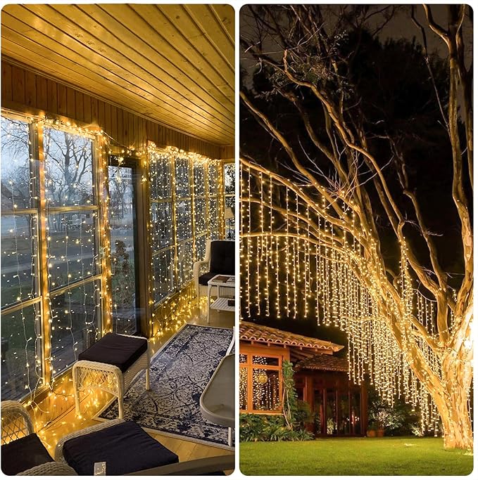 JMEXSUSS 900 LED Outdoor Curtain Lights, 9.5x29.5ft Christmas Lights Plug in with Remote, Twinkle Hanging String Light for Bedroom Wall Wedding Backdrop Window Gazebo Decor, Warm White