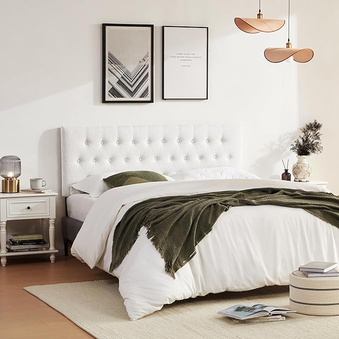 Tufted Upholstered Headboard Full Size, Solid Wood Head Board with Durable Metal Legs, Adjustable Height Full XL headboard from 37” to 51” Fabric Headboard in Modern Button Design, White