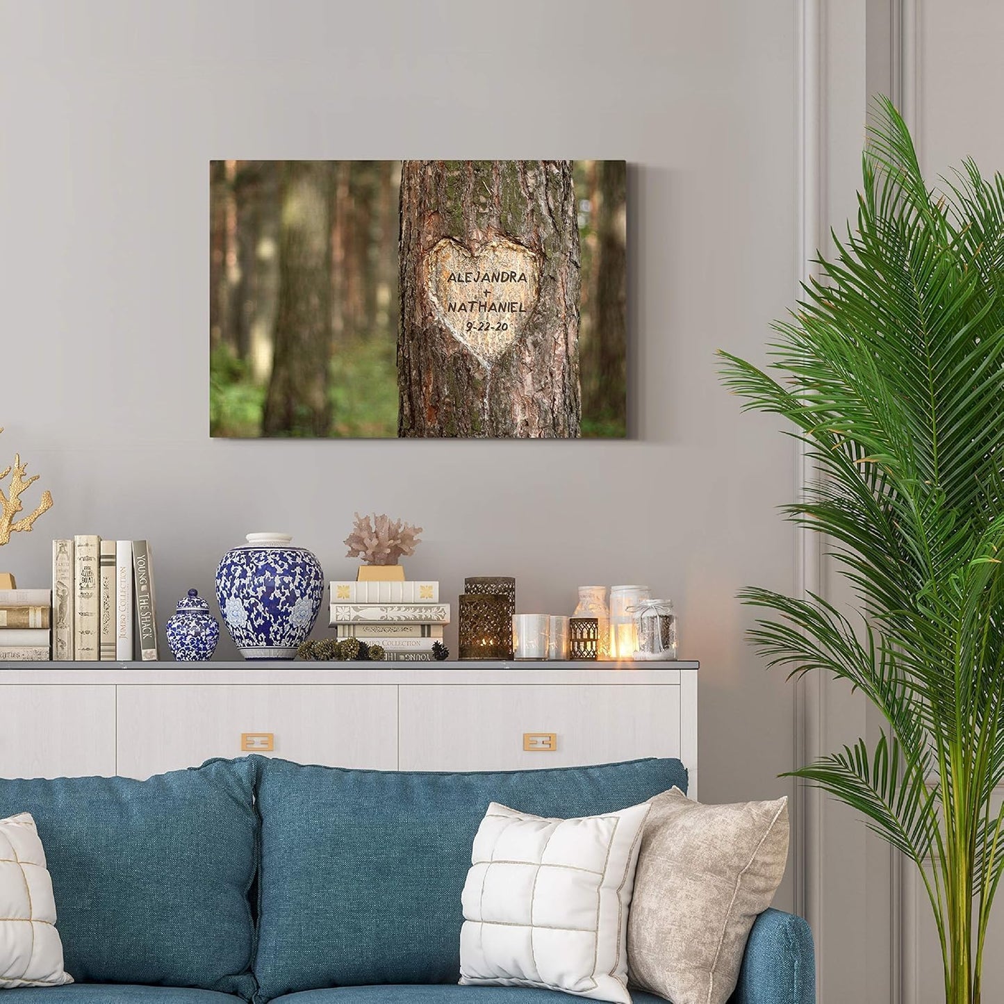 Renditions Gallery Pine Tree Heart Personalized with Couple Names & Special Date Canvas Print, Romantic Anniversary, Wedding Gift Idea, Custom Wall Art, Brides & Grooms, 12x18 Inches