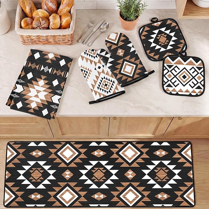 Southwestern Kitchen Decor Set 10 Piece - Aztec Geometric Tribal Pattern Kitchen Rugs, Towels, Oven Mitts and Pot Holders - Modern Boho Native American Style Accessories for Home Apartment