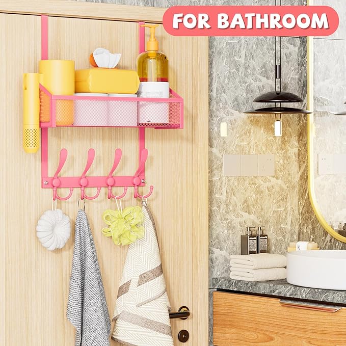 Over The Door Hooks Organizer, Coat Rack Over The Door Storage Hanger Towel Rack, Back of Door Storage Organizer for Bathroom,Bedroom,Kitchen,Office (Pink, 2-Tier)