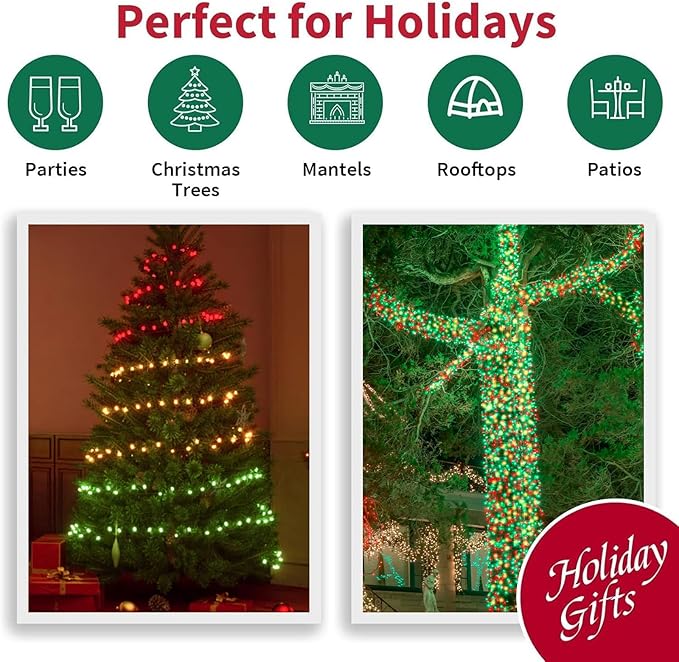 LAMPHOME Red Green Warm Christmas String Lights, 300 LED 99 FT Connectable Waterproof String Lights Green Wire with 16 Modes, Xmas Vintage Decorations for Indoor Outdoor Party Yard Garden Decor