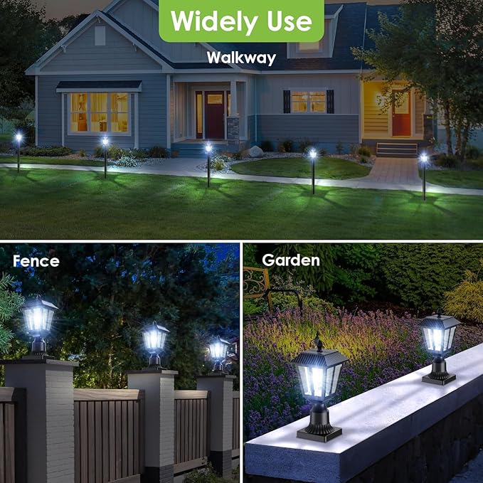 Greluna Solar Post Lamp Lights, 2 Pack 6000K Dusk to Dawn Solar Light with Pier Mount Base, Post Lights Outdoor Waterproof for Garden Yard Landscape Pole Pillar, Outside Decorative Lamp