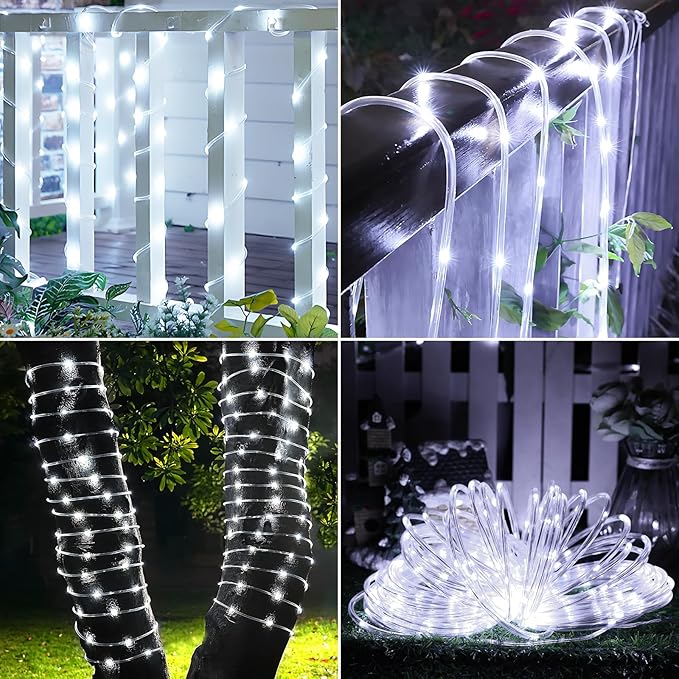 Solar Rope Lights, 2 Pack Total 66ft 200LED Solar String Lights, 8 Modes Waterproof Solar Powered Outdoor Light, Flexible Clear Tube Light for Garden Backyard Patio Deck Porch Pool Tree Decor - White