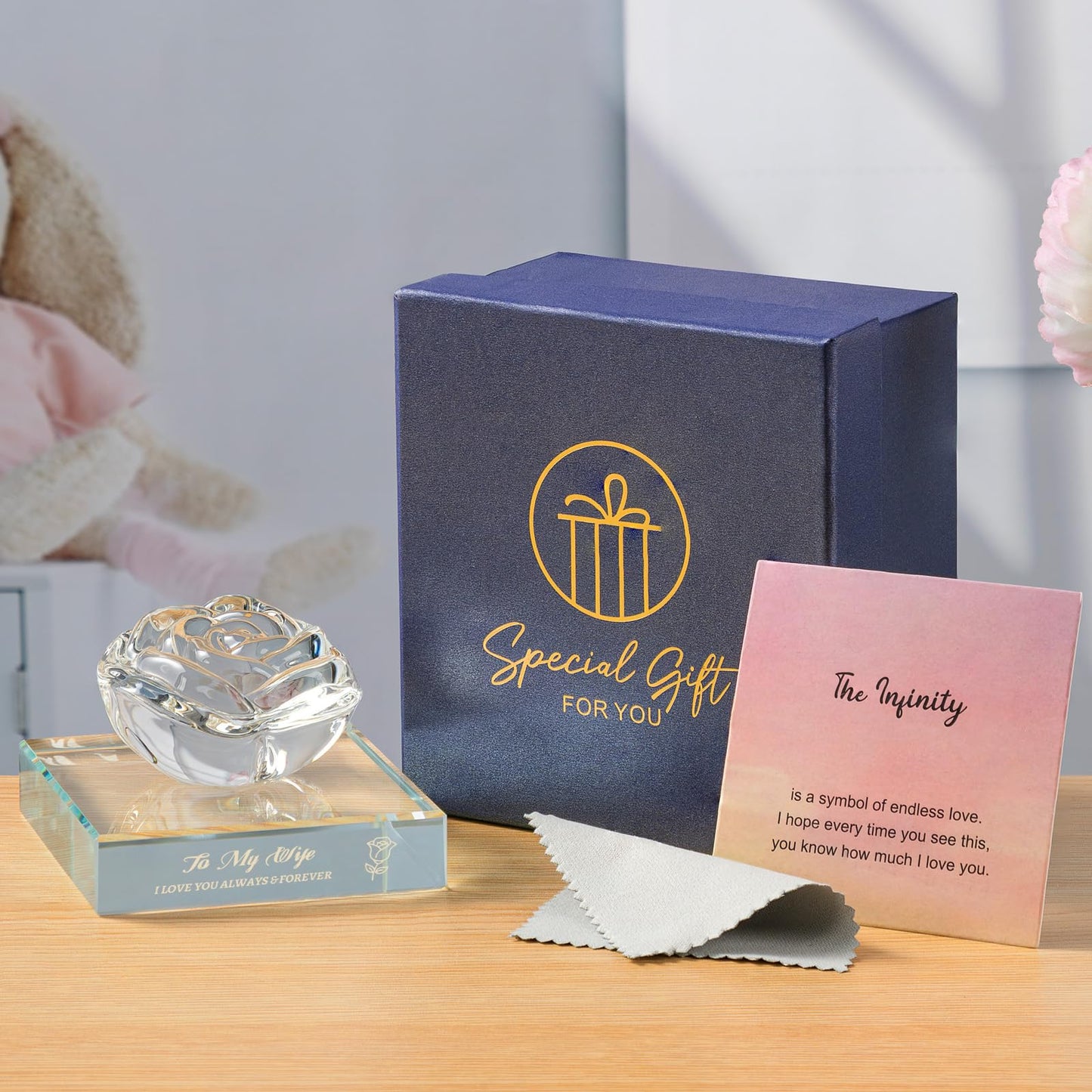 PEEYHONY Gifts for Wife, Romantic Crystal Rose Figurine Ornament with Laser Text Gift from Husband, on Anniversary Wedding Christmas Birthday Valentines Love Gift for Wife
