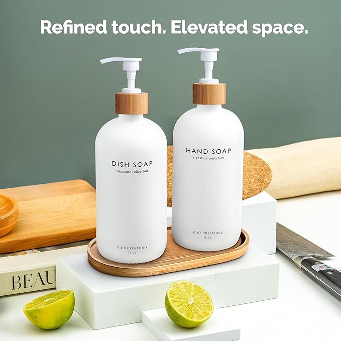 Vine Creations White Glass Soap Dispenser Set, Hand Soap and Dish Soap Dispenser Set with Bamboo Tray, 16 oz Glass Dispensers Bottle for Kitchen and Bathroom Decor Modern Boho with Bamboo Pump (White)