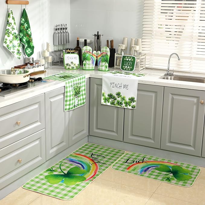 Fourluoo 10 Pcs St Patricks Day Kitchen Set Shamrocks Kitchen Towels and Rugs Oven Mitts and Pot Holders Irish Decor for Women Mom Gift Cooking Baking Grilling