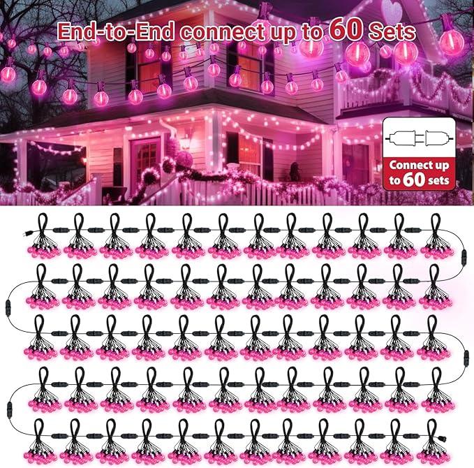 LAMPHOME 2 Pack 26FT G40 Pink Valentine's Day LED String Lights, 13 Shatterproof Globe Bulbs, Outdoor Hanging Patio Lights for Home Balcony Backyard Wedding Party Decor