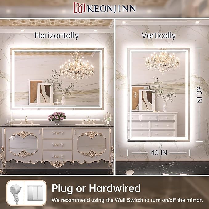 Keonjinn LED Bathroom Mirror 60" x 40" with Frontlit and Backlight, Tempered Glass Stepless 3 Colors Temperature & Dimmable Vanity Mirror, UL Listed LED Driver, Double Lights Anti-Fog Wall Mirror