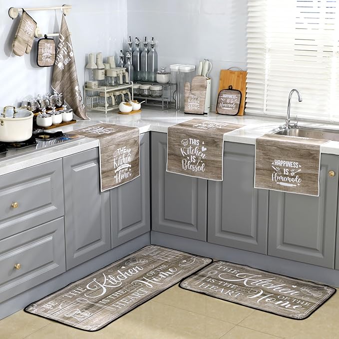 Fourluoo 10 Pcs Farmhouse Kitchen Decor and Accessories Set 4 Kitchen Towels 2 Pot Holders 2 Oven Mitts 2 Rugs for Cooking Baking Mom Housewarming Gifts(Brown,Classic Style)