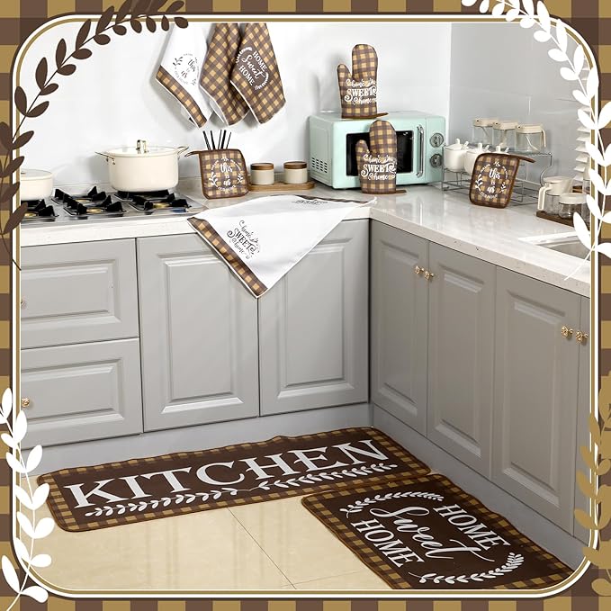 Fourluoo 10 Pcs Kitchen Set Kitchen Towels and Rugs Oven Mitts and Pot Holders Farmhouse Decor for Women Mom Gift Cooking Baking Grilling (Brown White)