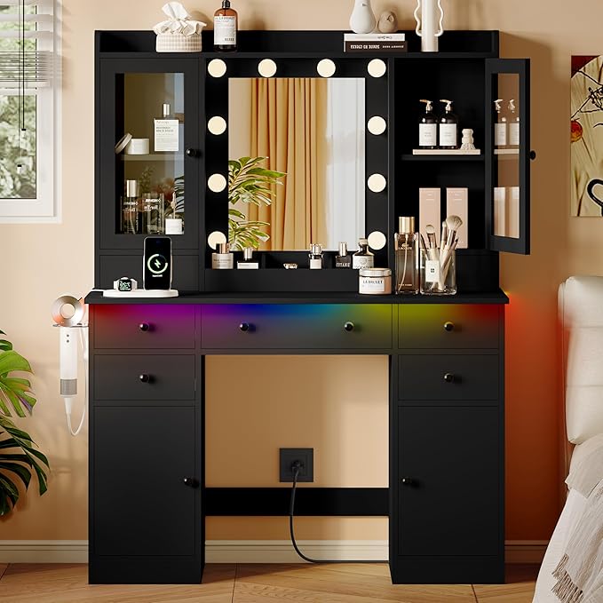 Makeup Vanity Desk with Mirror and Lights, Black Vanity Table Set with Storage Drawers, Charging Station & Cabinets, Large Dressing Table with RGB Ambient Light for Women Girls Bedroom Bathroom